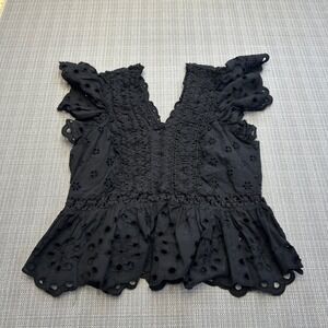 Whimsigoth Eyelet Top Small Black Flutter Sleeves Romantic Peplum Feminine